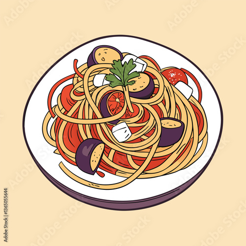 Photos pasta alla norma eggplant ricotta salata tomat vector art illustration