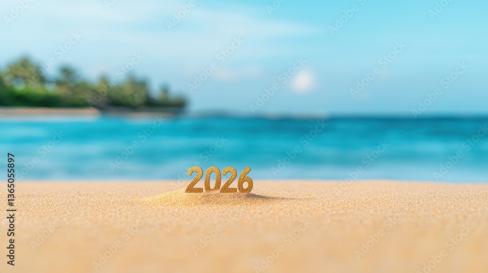 Golden Numbers 2026 on a Serene Beach with Gentle Waves and a Clear Blue Sky Representing Future, Relaxation, and Vacation Vibes for Stock Photos Golden Numbers 2026 on a Serene Beach with Gentle Waves and a Clear Blue Sky Representing Future, Relaxation, and Vacation Vibes for Stock Photos