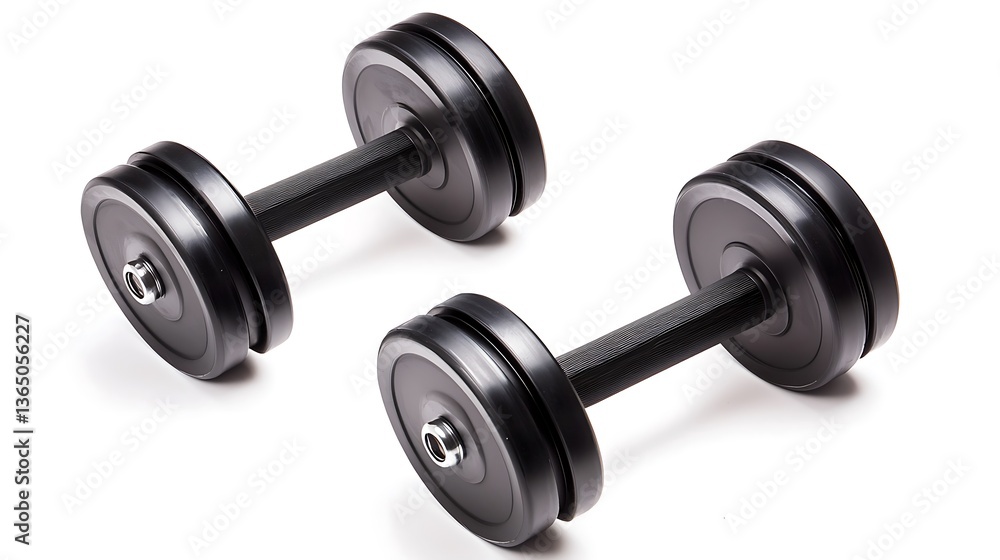 Two black dumbbells with a silver center Two black dumbbells with a silver center