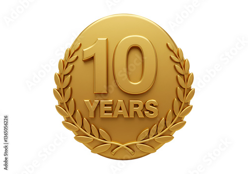 10 Years Anniversary Icon, Golden 3D Celebration Badge, Decade Milestone Illustration, Ten Year Achievement Graphic, Anniversary Award Symbol