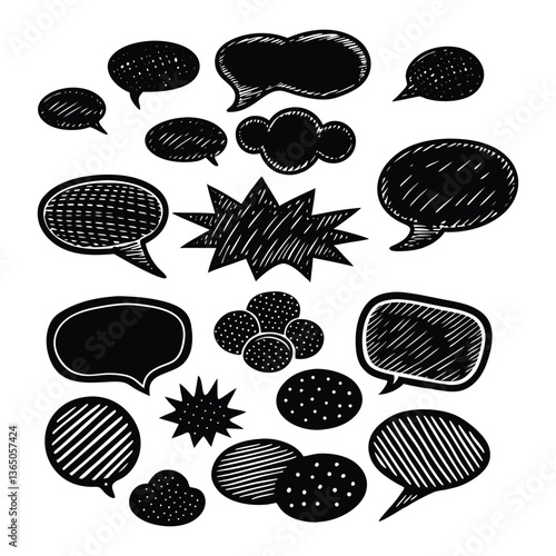 Set of comic speech bubbles with food, fruit, and nature elements in a seamless, vintage design featuring cocoa, chocolate, and nuts