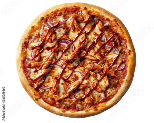Top view of A full BBQ chicken pizza with crispy golden crust, smoky barbecue sauce, shredded grilled chicken,