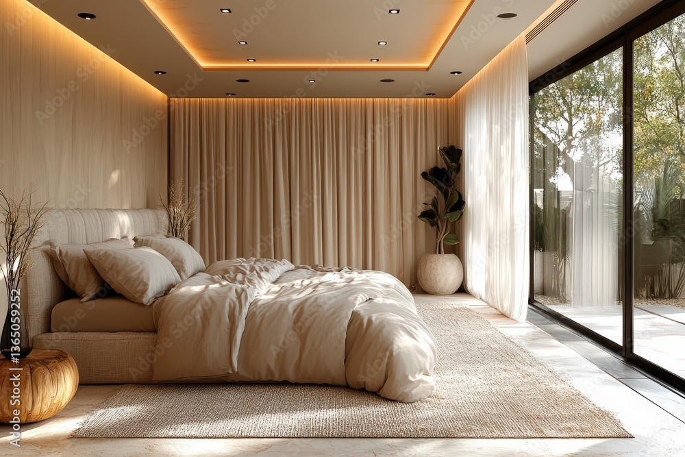 Elegant Modern Bedroom Featuring Minimalistic Design With Soft Lighting and Natural Elements for a Serene Atmosphere Elegant Modern Bedroom Featuring Minimalistic Design With Soft Lighting and Natural Elements for a Serene Atmosphere