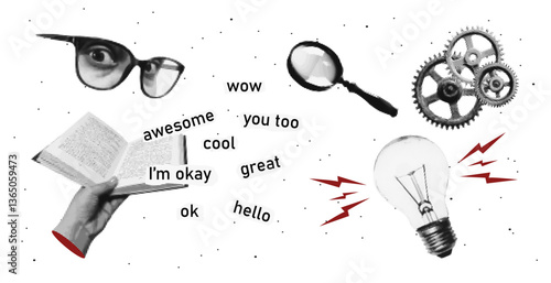 Hand holding an open book halftone art collage. Vector vintage dotted sticker glasses, eyes, lamp, magnifier, for media design.