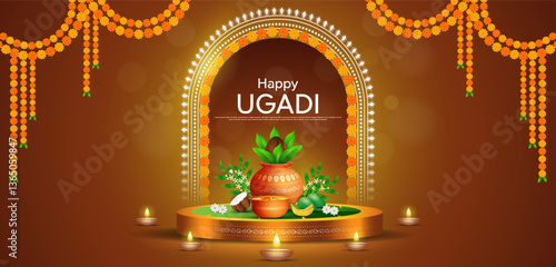 Happy Ugadi, New Year's Day according to the Hindu calendar - banner template design including Kalash, banana leaf, green mango, flowers and diya.