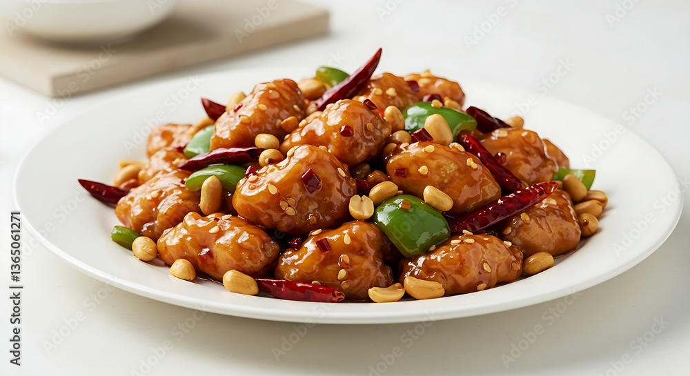 A plate of kung pao chicken with peanuts and chili peppers on a white surface A plate of kung pao chicken with peanuts and chili peppers on a white surface