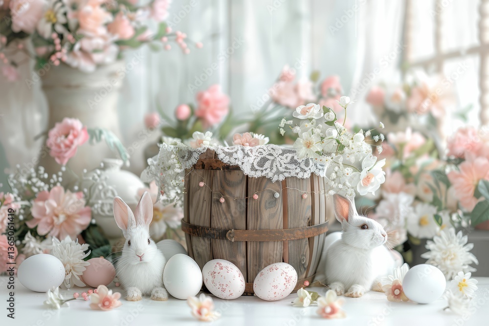 Obraz premium Adorable White Easter Bunnies with Painted Eggs and Spring Flowers in a Romantic Pastel Setting