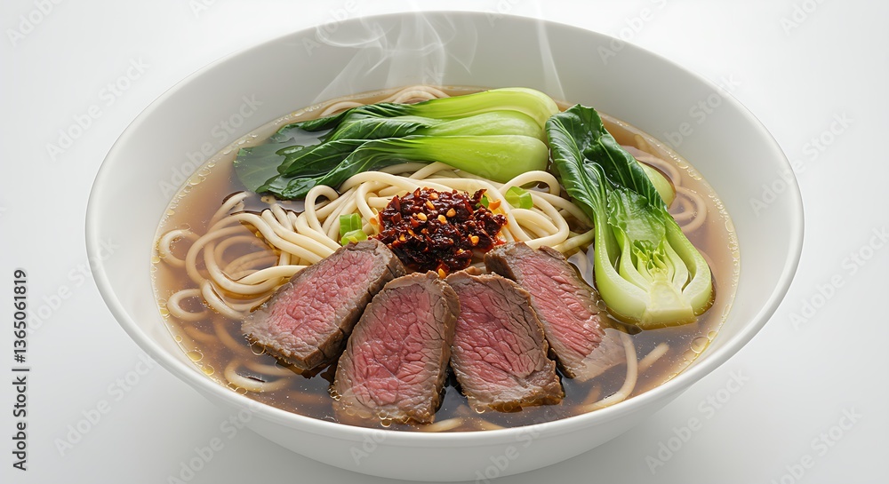 Steaming bowl of beef noodle soup with bok choy and chili oil on a white background Steaming bowl of beef noodle soup with bok choy and chili oil on a white background