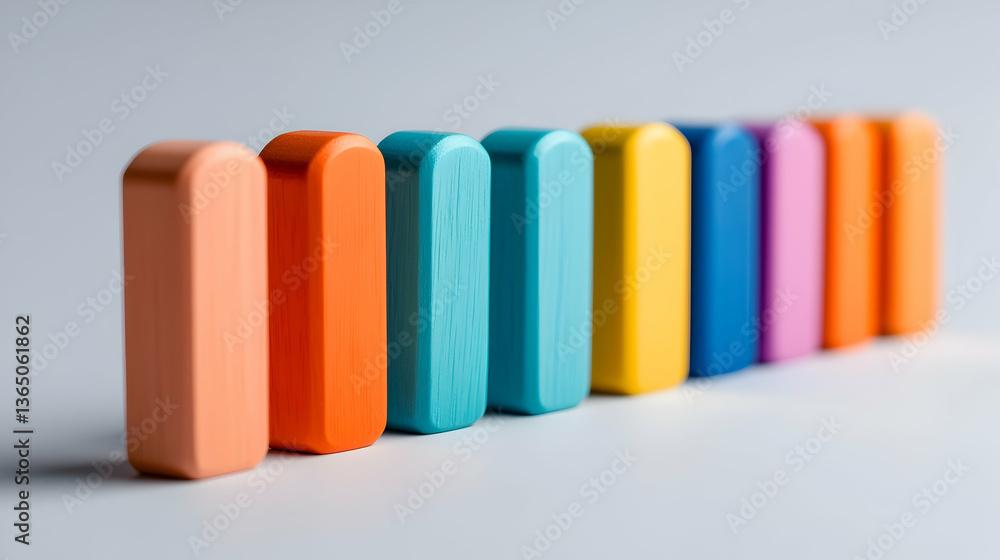 Fototapeta premium Colorful Wooden Blocks Arranged in a Row on White Background