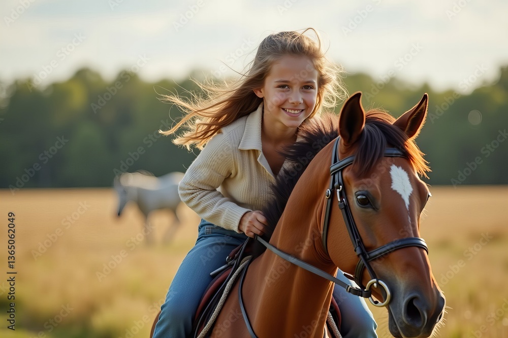 Fototapeta premium Mother and daughter horseback riding in an equestrian field.