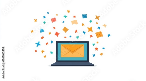 Digital Email Marketing Concept with Blue Envelope Icons and Laptop on Bright Background