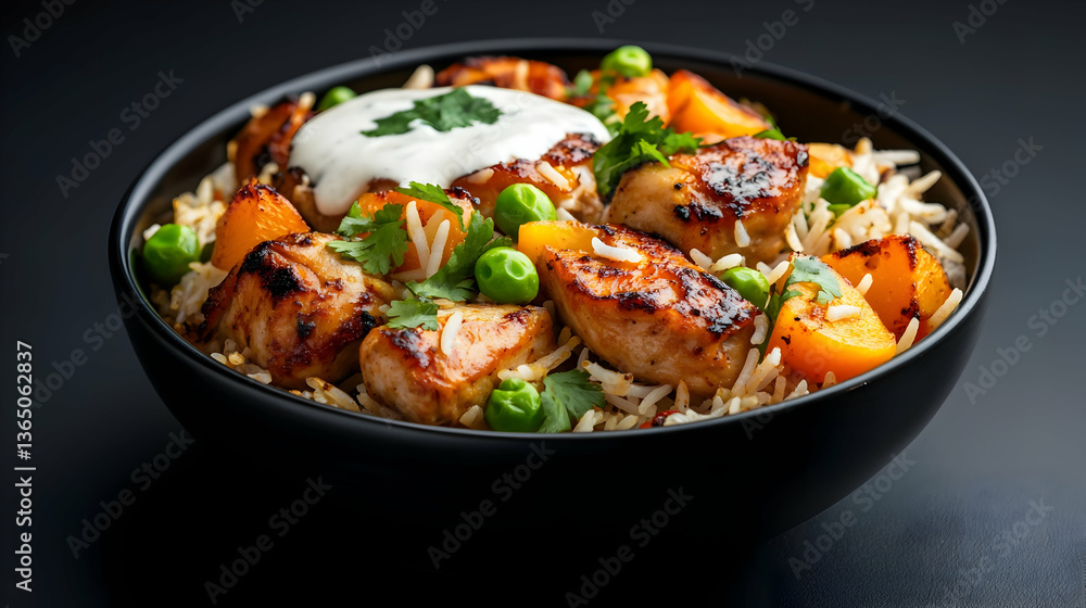 Spicy Chicken Biryani in Black Bowl with Yogurt and Peas Spicy Chicken Biryani in Black Bowl with Yogurt and Peas
