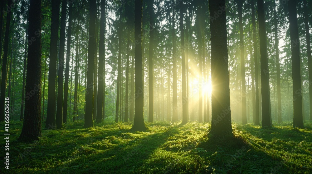 Fototapeta premium A magical forest where tree silhouettes have glowing ethereal leaves, Conifer,Tree,Gymnosperms,OrganismsForests