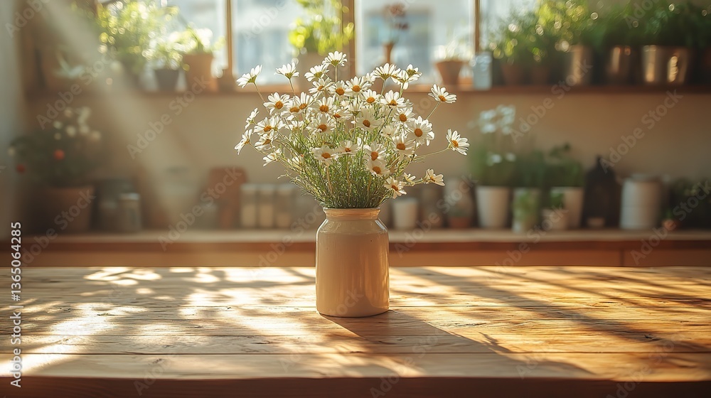 Fototapeta premium Sunlight streams through a window, highlighting an empty wooden kitchen countertop with white flowers in a vase, creating a warm, inviting, and cozy atmosphere.