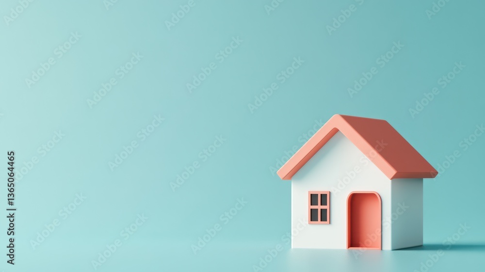 Pastel Miniature House on Teal Background. Possible Use Stock photo for real estate, home design, interior design, or minimalist concept Pastel Miniature House on Teal Background. Possible Use Stock photo for real estate, home design, interior design, or minimalist concept