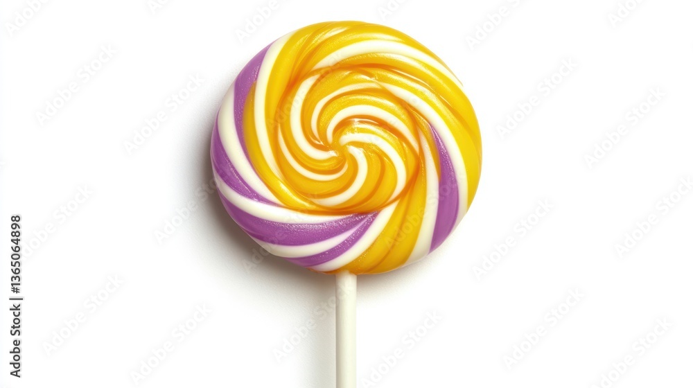 Sweet swirl lollipop on a stick against white background, for food photography or candy illustration Sweet swirl lollipop on a stick against white background, for food photography or candy illustration