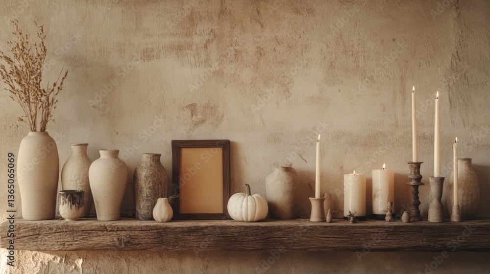Rustic autumn decor with vases, candles, pumpkins on wooden shelf Rustic autumn decor with vases, candles, pumpkins on wooden shelf