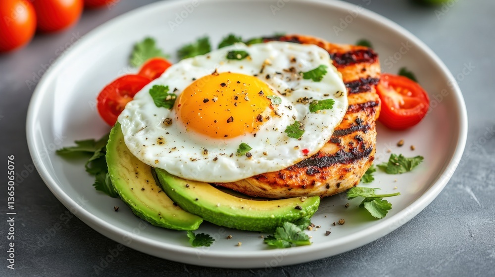 Delicious plate of grilled chicken topped with fried egg, cilantro, sliced avocado, and cherry tomatoes, presented on a stylish tableware setting. Delicious plate of grilled chicken topped with fried egg, cilantro, sliced avocado, and cherry tomatoes, presented on a stylish tableware setting.