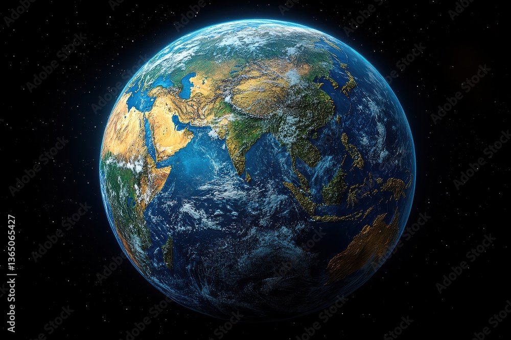 Fototapeta premium Detailed view of Earth highlighting continents and oceans from space at dusk