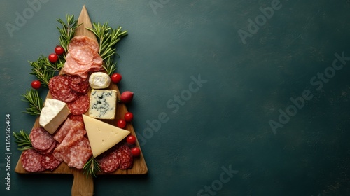 Festive Charcuterie Board Shaped Like a Christmas Tree with Assorted Cheeses, Meats, Herbs, and Cherry Tomatoes on Dark Background