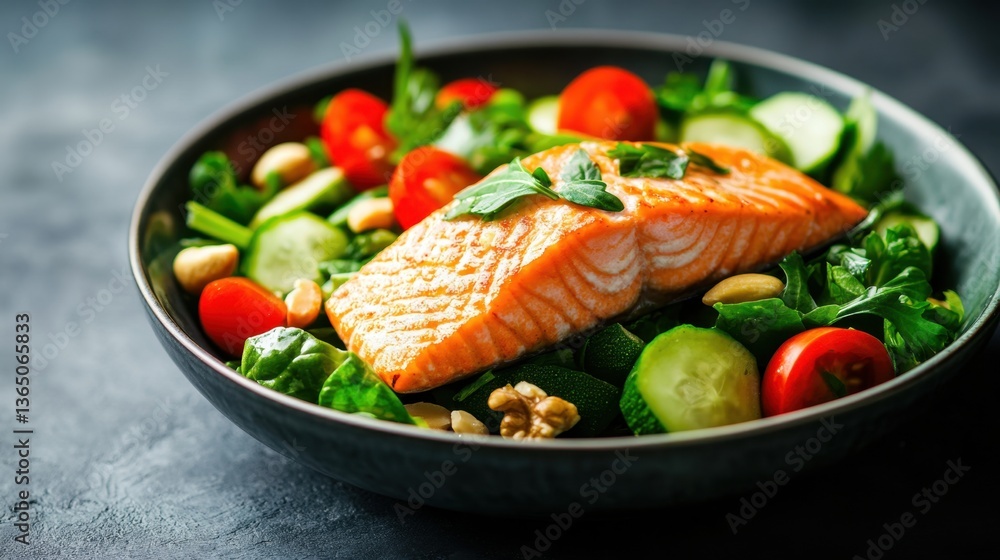 Freshly Grilled Salmon Fillet on a Bed of Spinach and Vegetables with Cherry Tomatoes and Nuts, Healthy Eating Concept for Nutrition and Wellness Freshly Grilled Salmon Fillet on a Bed of Spinach and Vegetables with Cherry Tomatoes and Nuts, Healthy Eating Concept for Nutrition and Wellness