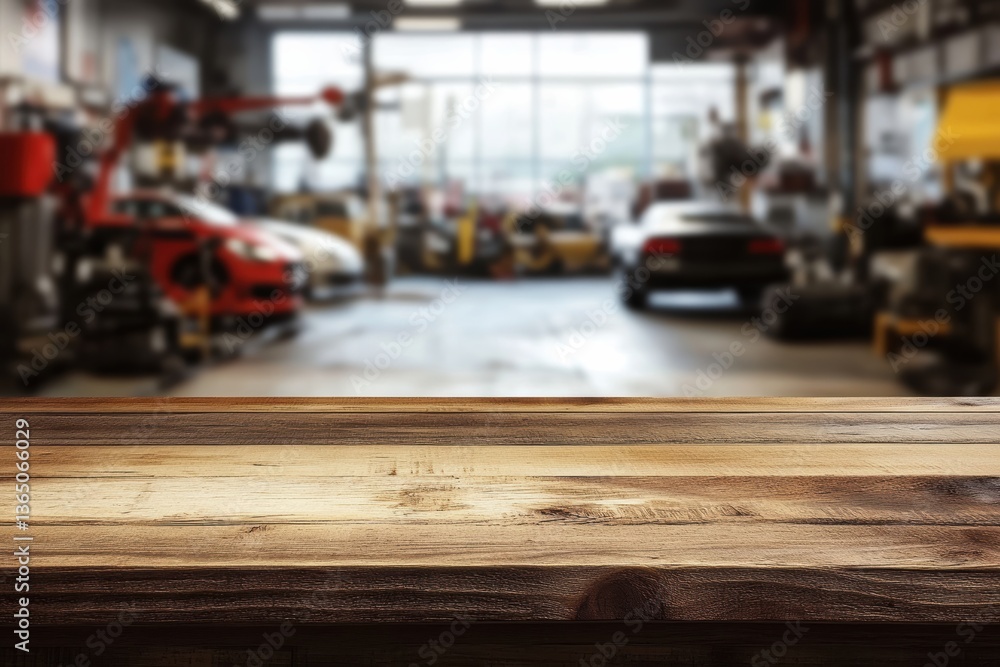 Wooden table in garage setting with cars and tools in the background Wooden table in garage setting with cars and tools in the background