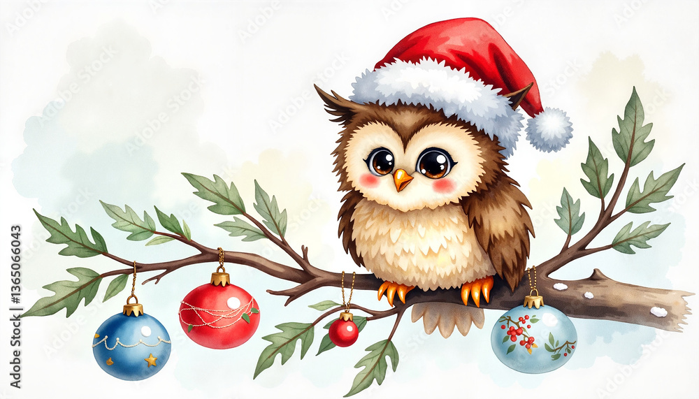 Cute owl wearing Santa hat perched on branch with ornaments, holiday cheer Cute owl wearing Santa hat perched on branch with ornaments, holiday cheer