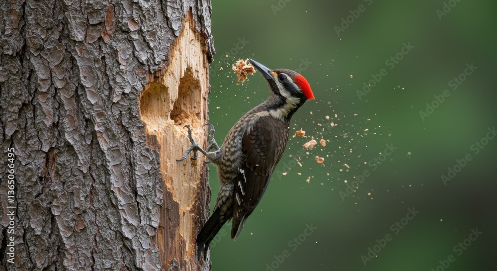 Fototapeta premium Woodpecker Pecking Tree Hole Wood Chips Flying