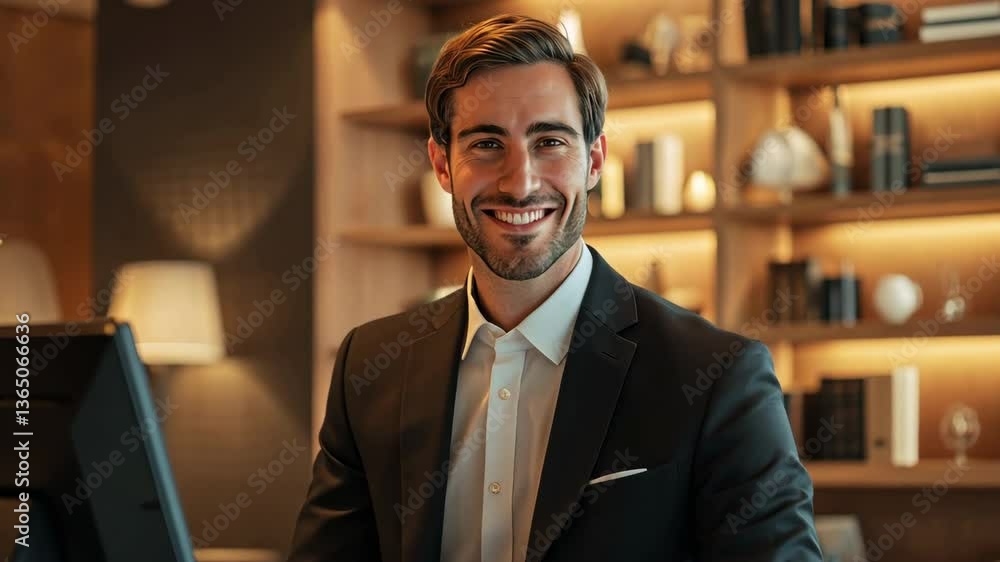 Hotel manager at the front desk of the upscale hotel is amiable and has a warm, inviting grin. Hotel manager at the front desk of the upscale hotel is amiable and has a warm, inviting grin.