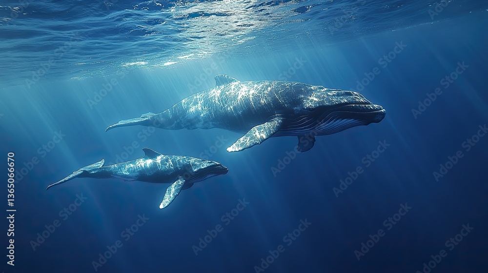 Fototapeta premium Sunlight streams through the deep blue ocean, illuminating a mother whale and calf swimming gracefully in the clear tranquil waters.