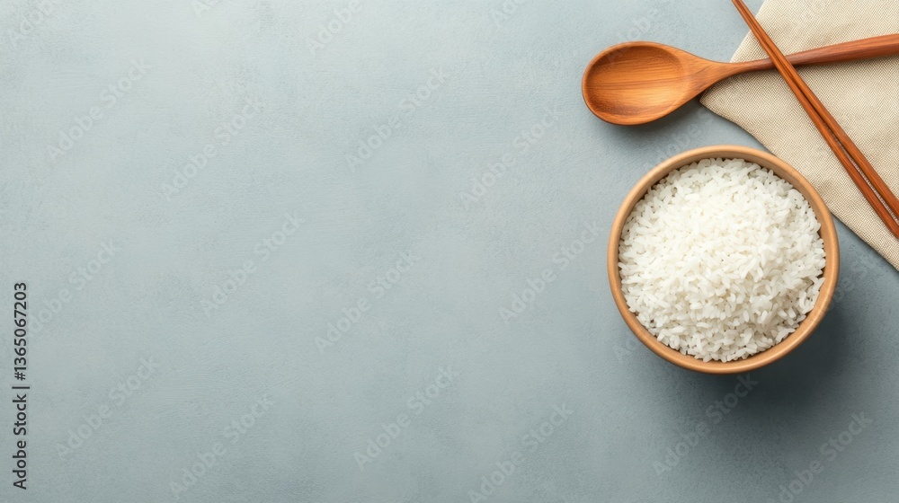 Bowl of white rice on a textured surface with wooden spoon and chopsticks, minimalistic kitchen setting for food photography and culinary use Bowl of white rice on a textured surface with wooden spoon and chopsticks, minimalistic kitchen setting for food photography and culinary use
