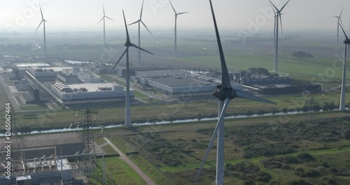 datacenter, wind turbines in the Eemshaven, Groningen, The Netherlands. Aerial view
