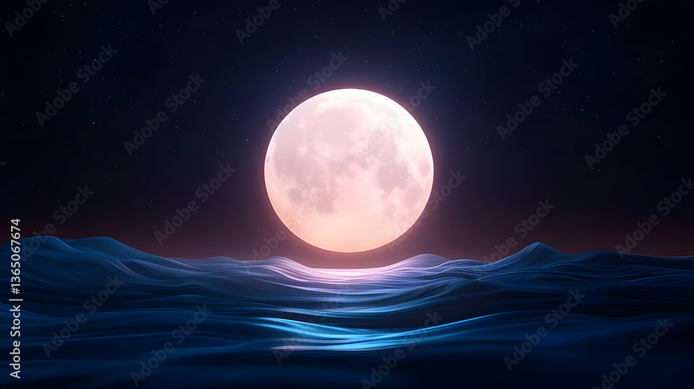 Fototapeta premium Pink Full Moon Over Dark Ocean at Night Pixel Art
