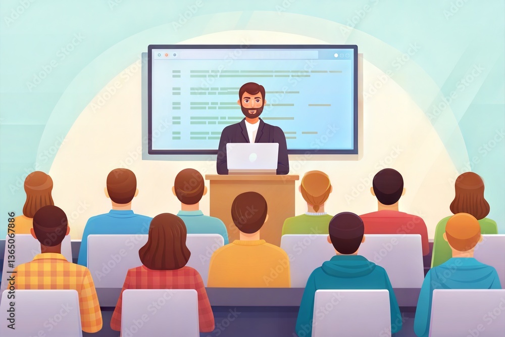 Teacher Delivering a Computer Science Lecture to a Diverse Group of Students. Projecting Programming Code and Explaining Technology Concepts. (Education) Teacher Delivering a Computer Science Lecture to a Diverse Group of Students. Projecting Programming Code and Explaining Technology Concepts. (Education)