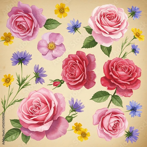 a close up of a bunch of flowers on a beige background