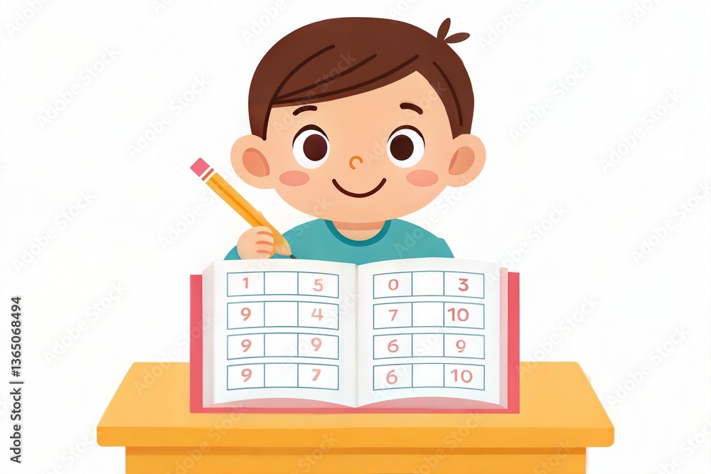 Child writing numbers in a math activity book, practicing early learning skills. (Education) Child writing numbers in a math activity book, practicing early learning skills. (Education)