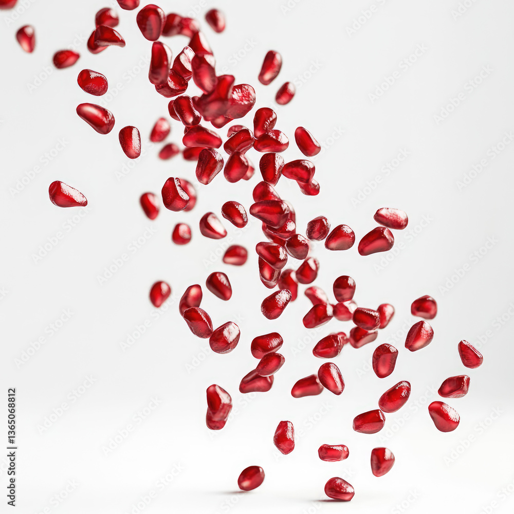 A scattered array of pomegranate seeds against a plain white background view A scattered array of pomegranate seeds against a plain white background view