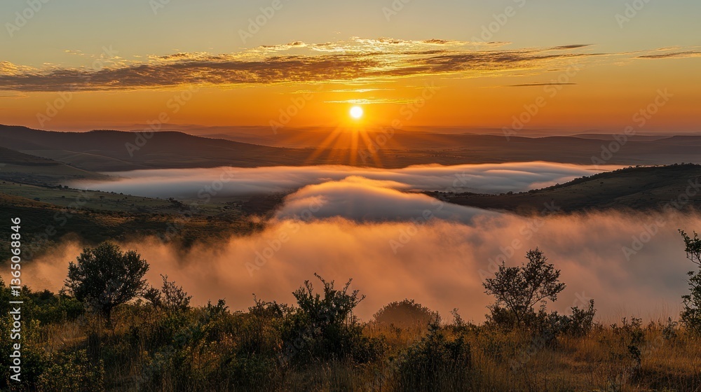 Obraz premium Sunrise over misty valley landscape