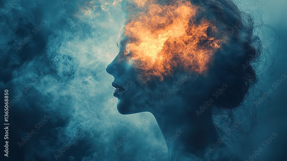 Teal background woman's profile, exploding head, stress, mental health. Teal background woman's profile, exploding head, stress, mental health.