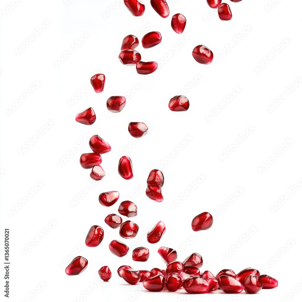Pomegranate seeds falling and scattered on a white surface in studio shot Pomegranate seeds falling and scattered on a white surface in studio shot