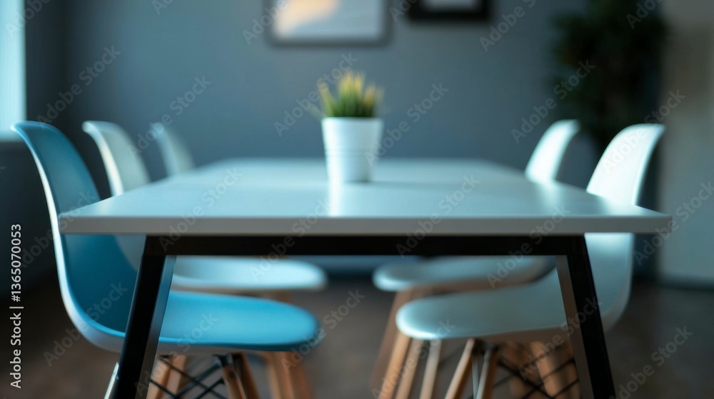 Fototapeta premium Minimalist meeting table with soft lighting, symbolizing focus and professionalism in a modern workspace.