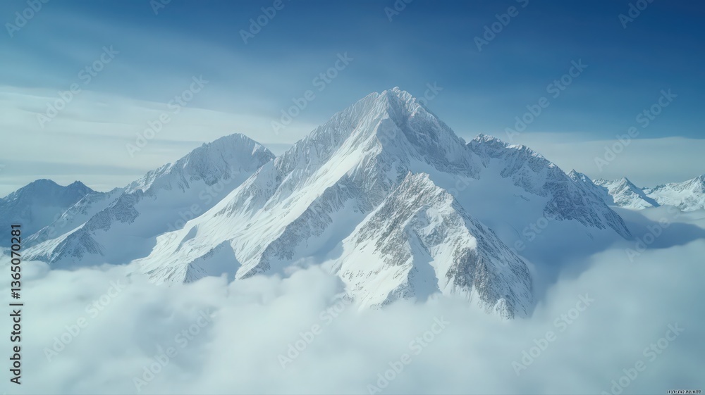 Snow Covered Mountain Peak Above Clouds, Winter Landscape Snow Covered Mountain Peak Above Clouds, Winter Landscape
