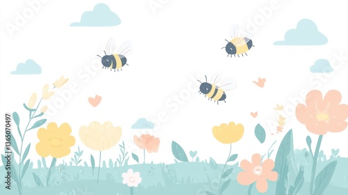 Pastel flowers and bees in a spring meadow background. Use Children's book illustration or print