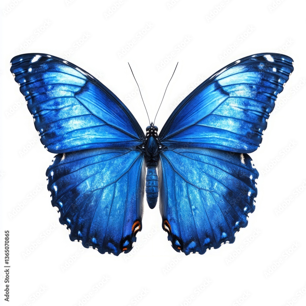 Obraz premium Vivid Blue Butterfly with Symmetrical Wing Patterns and White Spot Accents on a White Background