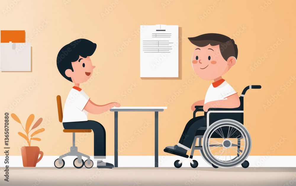 Supportive Interaction Between a Disabled and Non-disabled Person in a Bright Office Environment Supportive Interaction Between a Disabled and Non-disabled Person in a Bright Office Environment