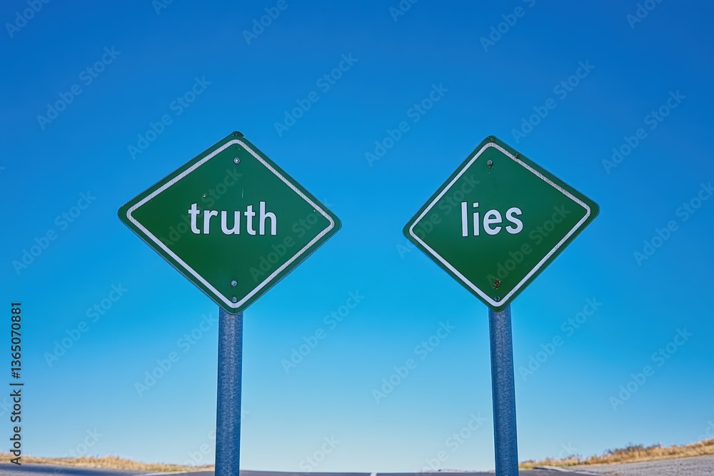 Directional road signs indicating truth and lies in a clear sky environment Directional road signs indicating truth and lies in a clear sky environment