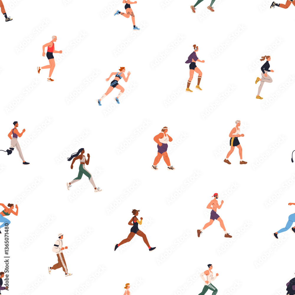 Seamless pattern, people jogging and running. Active diverse characters training, endless background. Healthy sports activity, repeating print design for wallpaper, fabric. Flat vector illustration Seamless pattern, people jogging and running. Active diverse characters training, endless background. Healthy sports activity, repeating print design for wallpaper, fabric. Flat vector illustration