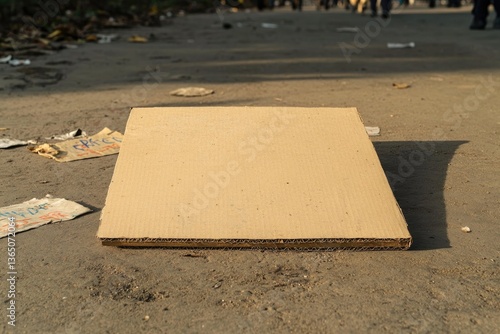 Flat cardboard piece resting on ground, surrounded by urban debr