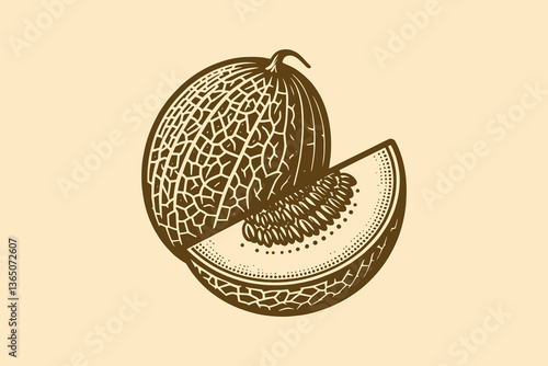 Vintage monochrome engraving of a melon