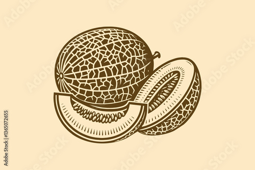 Vintage monochrome engraving of a melon